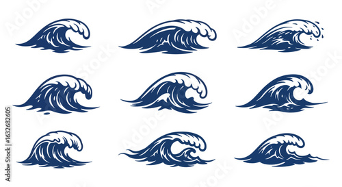 Collection of nine dynamic ocean wave illustrations in a stylized silhouette style. vector design. Silhouette vector design illustration
