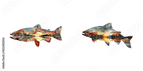 silhouette trout fish with lake scene inside watercolor vector illustration