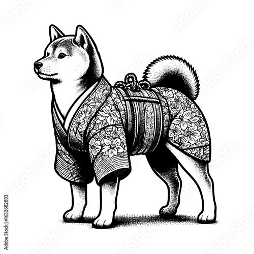 Shiba Inu dog wear kimono, traditional domestic Japan animal	with Detailed Line Work on White Background