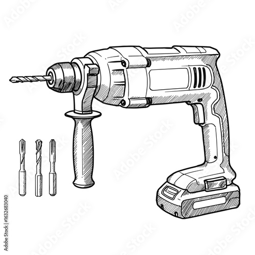 drill and screwdriver – vintage ink sketch doodle black and white vector illustration on white background, engraving woodcut style