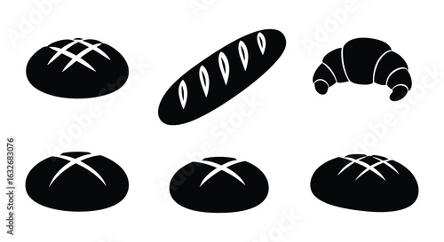 Collection of assorted baked goods including bread rolls baguette and croissant in a simple black silhouette. vector design. Silhouette vector design illustration
