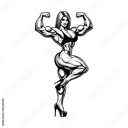 Detailed Engraving of	woman bodybuilder pose wear high heels	draft silhouette drawing, black on white line art.