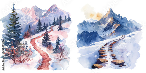 snowy mountain trail watercolor vector illustration