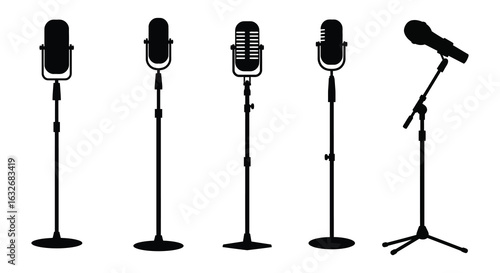 Collection of five vintage retro microphones on stands in a clean black silhouette style. vector design. Silhouette vector design illustration
