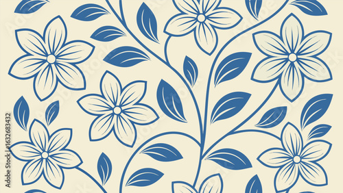 Elegant blue floral pattern seamless design on cream background for decorative usage