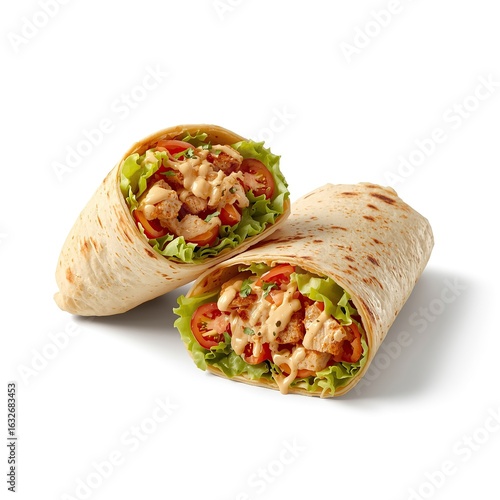 A grilled chicken shawarma wrap cut in half, showing filling with lettuce, tomato, and sauce, isolated on white background, soft shadow, crisp and clean styling.