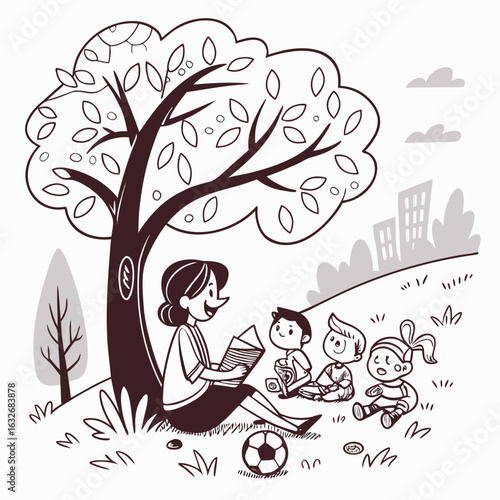 Teacher reading a book to children under a large tree in a park silhouette
