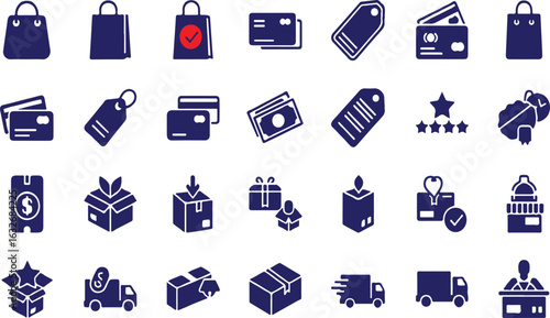 Collection of dark blue e commerce and shipping icons