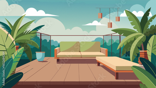 An outdoor lounge area with a mix of natural and modern elements such as a wooden deck with glass railings surrounded by tropical plants and plush seating.
