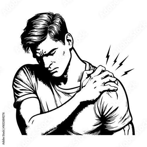 Hand drawn of holding shoulder with pain Vector black vintage engraving isolated on white