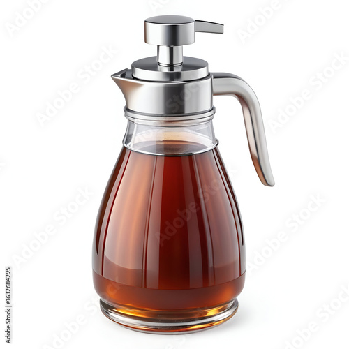A glass syrup dispenser with a metal pump and handle, filled with amber liquid, isolated on a white background