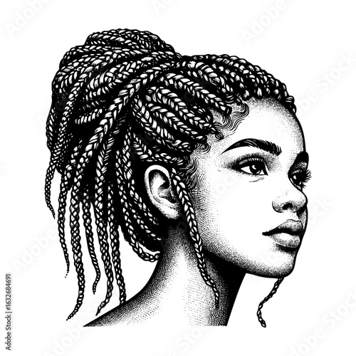 African American woman with braided hair	Black and white engraved ink art, isolated on white background.	
