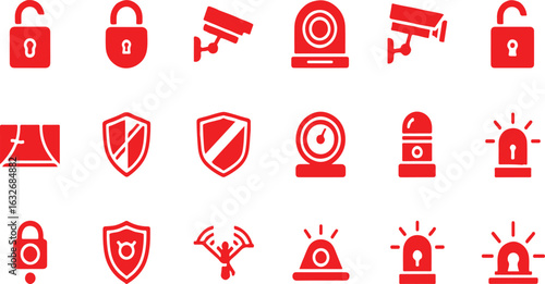 Red security and safety icons on white background lock