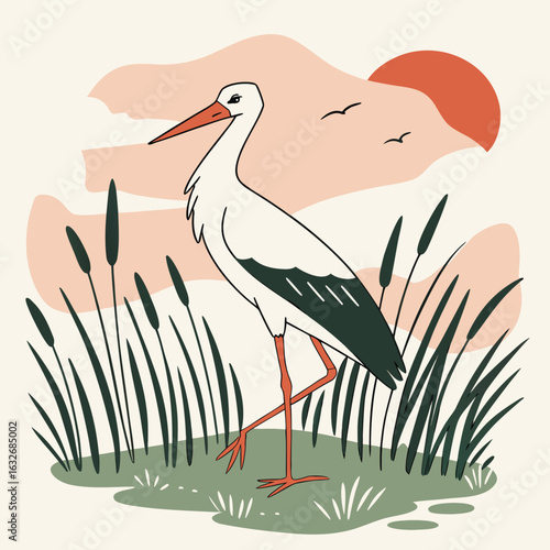 Elegant white stork standing gracefully amidst reeds under a warm sunset silhouette