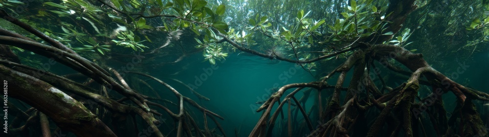 Fototapeta premium Mangrove roots underwater hdr panoramic view