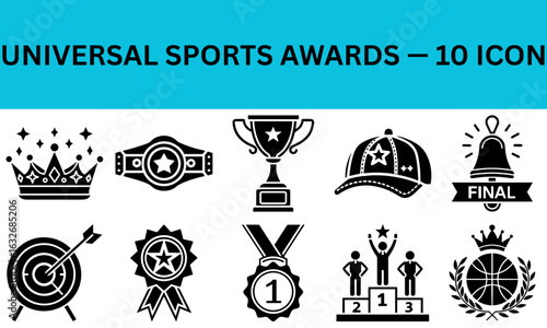 Sports Awards and Achievement Flat Icons, Black Fill, Transparent Background