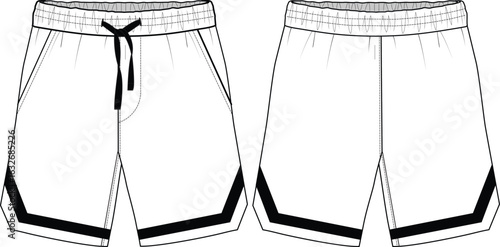 varsity shorts flat sketch vector illustration front and back view technical cad drawing template