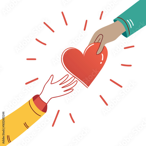 Two hands reaching out to give and receive a red heart symbolizing love and kindness silhouette