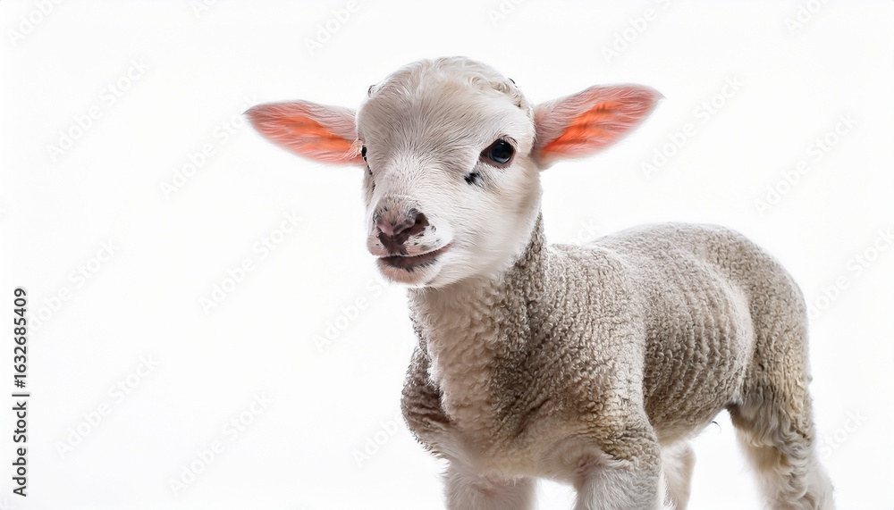 Fototapeta premium cute young lamb standing on a white background playful expression soft wool perfect for farm themes or animal related content