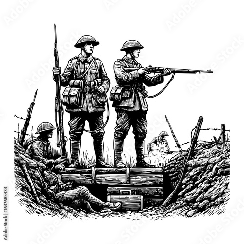 Two Soldiers in Trench, Armed and Ready vector hand drawing, isolated on transparent background.