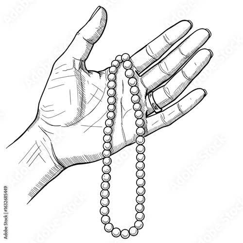 POV woman’s hand holding pearl necklace – vintage engraved jewelry illustration, black and white vector

