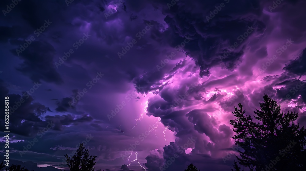Obraz premium Dramatic Sky Illuminated by Powerful Lightning Strikes Amidst Moody Purple Clouds