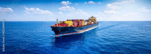 Panoramic aerial view of a loaded container cargo carrier ship sailing over the open ocean as a banner for transport and industry