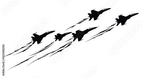 Five fighter jets flying in formation leaving smoke trails in a dynamic silhouette. vector design. Silhouette vector design illustration

