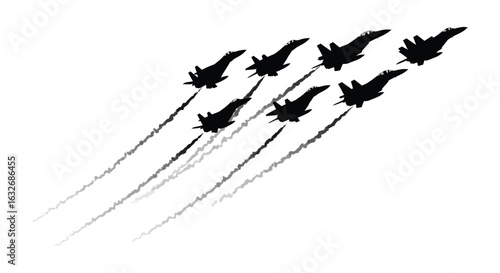 A squadron of fighter jets flying in formation leaving smoke trails in a dramatic silhouette. vector design. Silhouette vector design illustration
