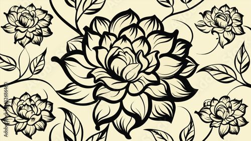 Elegant floral vector illustration of monochrome blooms and leafy vines against beige backdrop