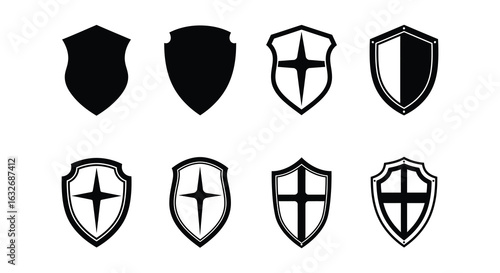 Collection of eight medieval heraldic shields in a black silhouette style with distressed textures. vector design. Silhouette vector design illustration
