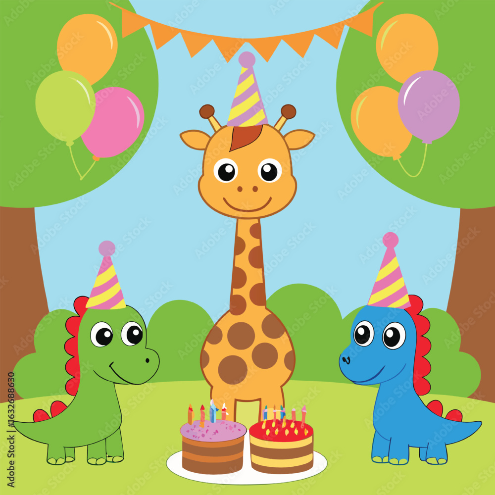 Naklejka premium Cute giraffe and dinosaurs celebrate a birthday party