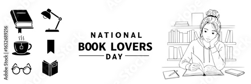 National Book Lovers Day illustration with reading girl and items - set of vectors and icons