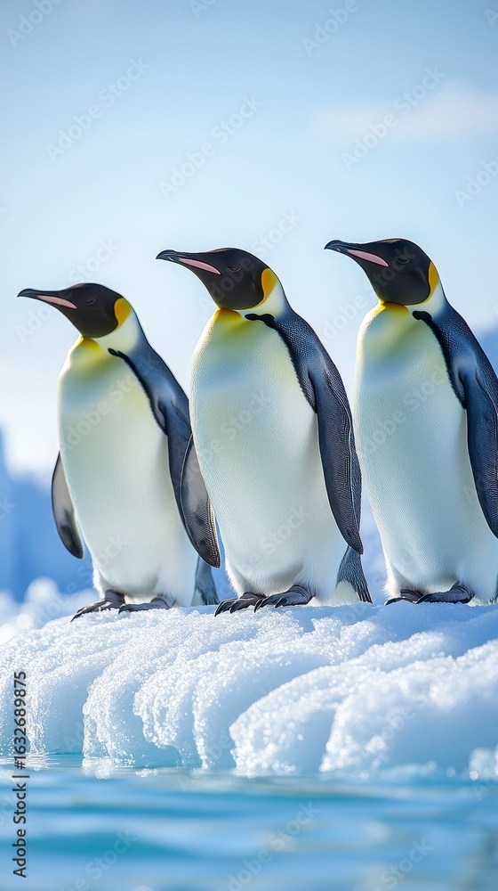 Fototapeta premium Three Emperor Penguins Standing on Ice in a Bright Arctic Landscape