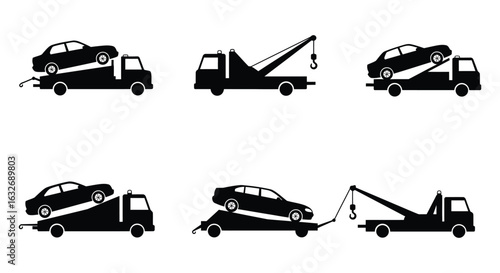 Collection of six black and white tow truck and car transport silhouettes silhouette. vector design. Silhouette vector design illustration
