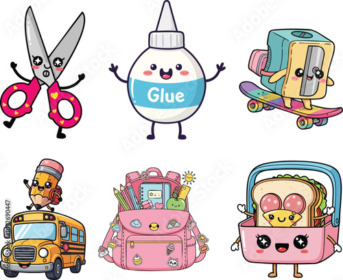 Cute School Supplies Cartoon Set with Scissors, Glue, Backpack, Sharpener, Bus, and Lunch – Fun Educational Clipart for Kids