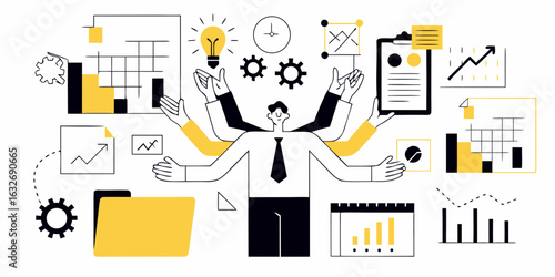 Multitasking businessman with many hands juggling business tasks and data
