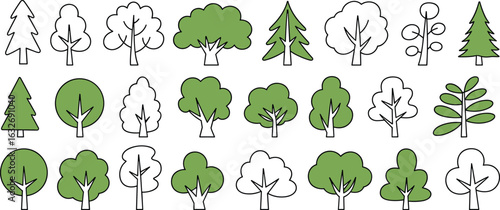 Twenty Tree Shapes in Rows, Mixed Styles and Foliage, Cad Drawing Flat Vector Illustration