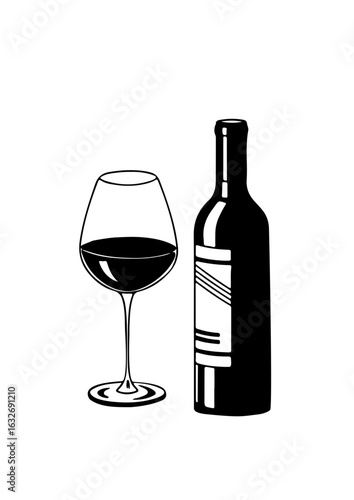 Red Wine Bottle and Glass Illustration