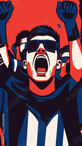 Vector illustration of passionate football supporters cheering with raised fists in bold flat minimalist style with dark blue and red colors