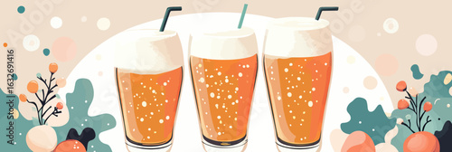Three glasses of craft beer with foam and bubbles on colorful stylized abstract background for drink festival celebration or bar party flyer design illustration flat vector