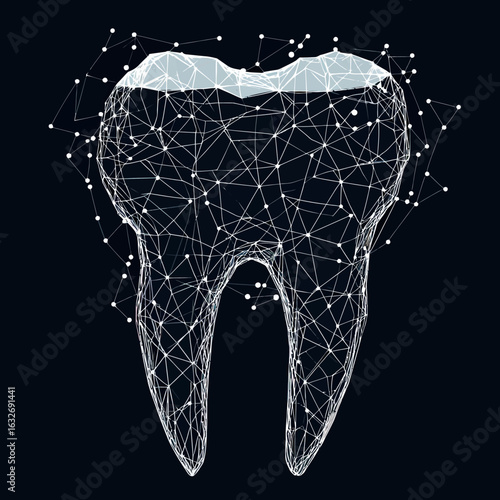 Polygonal wireframe tooth with connected dots and lines dental structure visualization on dark background for medical technology and innovation concept illustration
