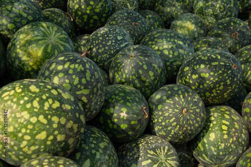 A large group of fresh green watermelons with spotted rinds, stacked closely together. Perfect for illustrating organic farming, summer fruits, or healthy lifestyle concepts
