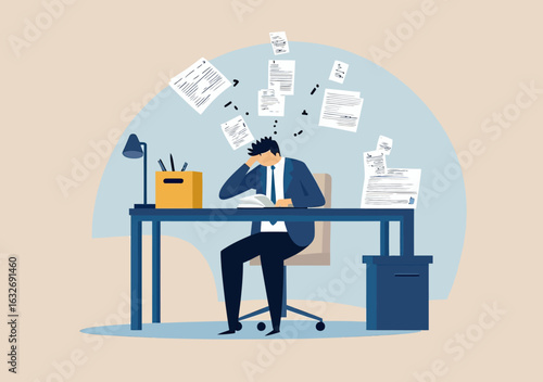 Frustrated businessman sitting at desk overwhelmed by flying papers stressed with work and deadline anxiety in office flat vector illustration