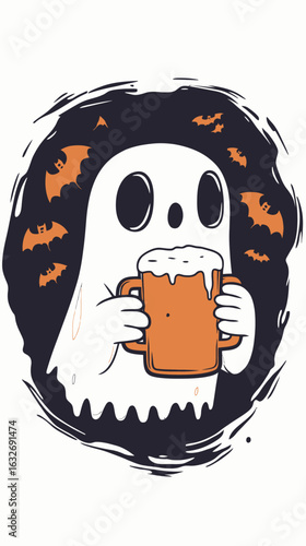 Cute ghost holding frothy beer mug with flying bats around Halloween spooky party beer lover illustration vector design
