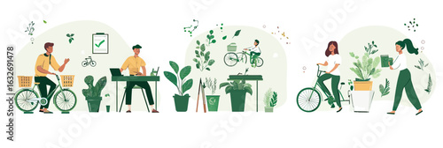 Sustainable office environment with business people riding bikes, working with plants, recycling in minimalist flat vector style illustration