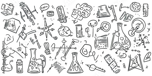 Hand drawn science and chemistry doodle icons vector set with lab equipment test tubes molecules and microscope sketches for education and research concepts background