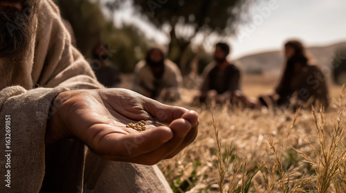Jesus stands in a sunlit meadow holding a tiny mustard seed between his fingers, while disciples sit nearby in wild grass, listening as birds flutter in the trees..