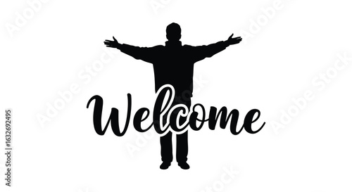 Welcome message with a welcoming figure in silhouette against a white background. vector design. Silhouette vector design illustration
