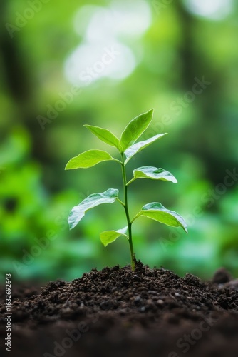 Small Green Plant Growing in Fresh Soil with Blurred Background